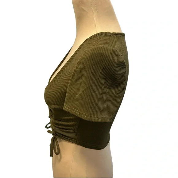 Club L London Ruched Front Plunge Front Crop Top Khaki Green/Brown Size 2 NWT - Picture 5 of 10
